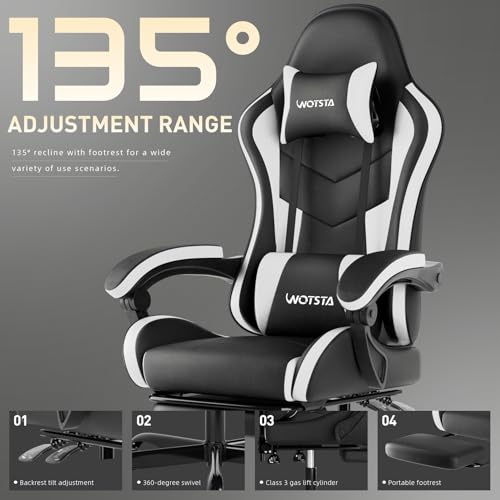 Image of Ergonomic Gaming & Office Chair, Footrest, Racing Design Black /White | PVC with headrest,lumbar, Adjustable Height recliner for adults 2D-Linkage Armrests for 300LBS