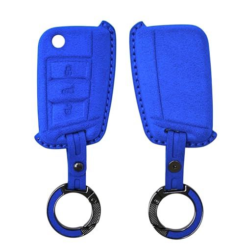 Image of KMH Alcantara Car Key Cover Compatible with Volkswagen Polo Vento Jetta Ameo Passat and Skoda Rapid Laura Superb Octavia Fabia Yeti 3 Button Shell Case Keycover with Keychain (D1) Blue - Pack of 2