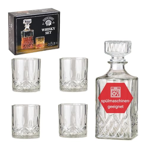 WOMA Whiskey Karaffe Set I 5er Whiskey Dekanter Set I Kristallglas Karaffe mit Deckel 900 ml I 4 Whiskey Gläser 285 ml I Whisky Karaffe mit Gläser Set I Whisky Geschenkset I Geschenke für Männer