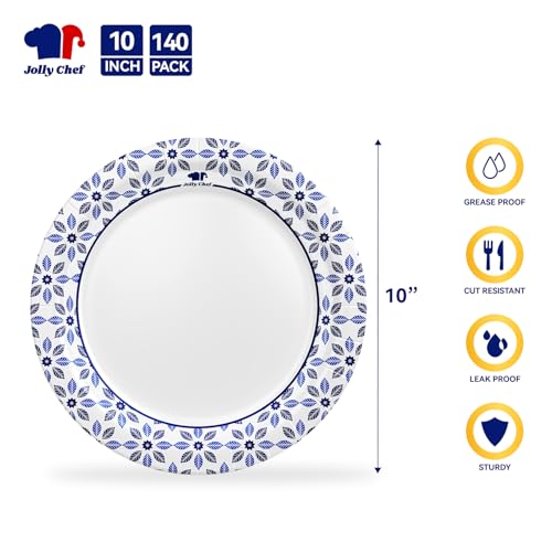 Image of JOLLY CHEF 10 inch Disposable Paper Plates 140 Count, Soak Proof, Cut Proof, Heavy Duty Paper Plates for Everyday Use