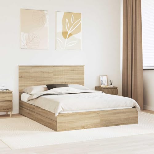 Tonture Marco de cama de roble Sonoma, 150 x 200 cm, material de madera, cajones de almacenamiento, moderna cama de plataforma, muebles de dormitorio duraderos, fácil montaje
