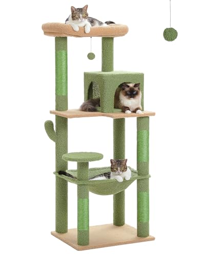 Image of MUTTROS Cactus Cat Tree for Large Cats with Metal Plush Big Hammock, 56.3 inch Cat Tower for Indoor Cats with 2 Door Condo House, 6-Tier Cat Shelves with Scratching Posts and Large Top Perch,Green