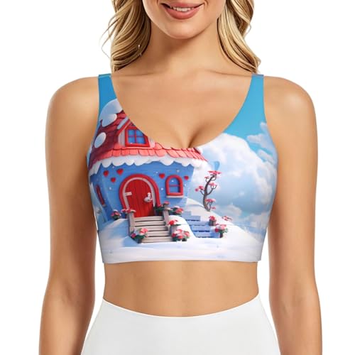 POEZJZW Cottage in The Snow - Brasier deportivo para mujer, sin mangas, atlético, gimnasio, chaleco en forma de U para entrenamiento y fitness, Negro, M