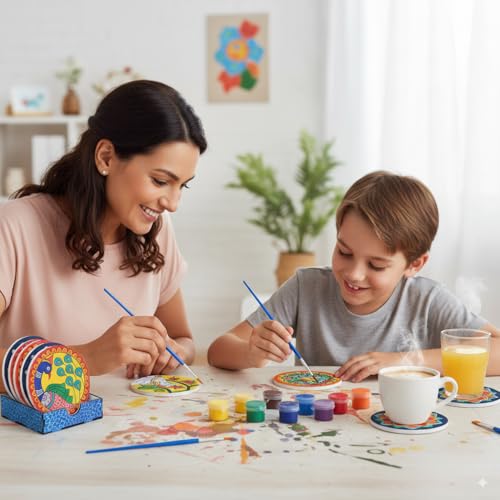 Image of HOBBY INDIA Mandala Art Kit for Adults and Kids | DIY Tea Coaster Set of 6 with Painting Kit | Unique Art and Craft Kit Gift | Perfect Tea Coaster for Office Desk, Dining Table Kitchen Decoration