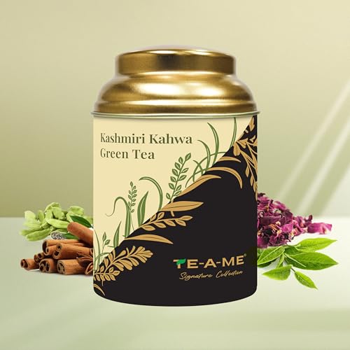 Image of TE-A-ME Kashmiri Kahwa Green Tea Tin 50gm | Premium Kahwa Kashmiri Tea | Desi Kahwa (Pack of 2)