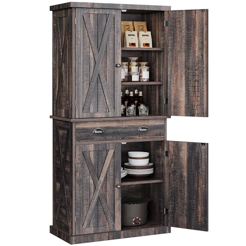 DWVO 72'' Tall Farmhouse Kitchen Pantry, Rustic Wood Kitchen Storage Cabinets with Adjustable Shelves & Drawer, Freestanding Cupboard for Dining Room, Living Room, Dark Grey