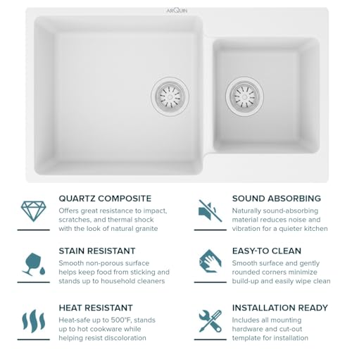 Image of ARQUIN Double Bowl Quartz Kitchen Sink 34x20x9 Inch White | Durable & Scratch-Resistant Sink | Undermount,Topmount | Including Coupling,Sink Connector,Waste Pipe & Fruit Washing Basket