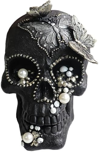 Resin Skull Head Decor Statue, Life Size Skull Halloween Decoration Home Decor Party Decorations,Skull Collectible Figurines,Adult Head Bone Model,Halloween Statue(Black)