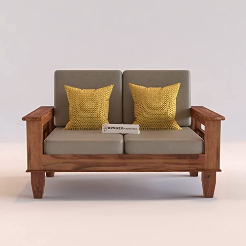 Image of Sheesham Wooden 2 Seater Sofa for Living Room | Rosewood 2 Seater Cushion Sofa with Side Newspaper Holder for Home & Office | Solid Wood Sofa Set for Lounge (Honey)