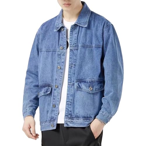Men Solid Color Casual Denim Jacket Classic Comfy Button Work Jean Jacket Spring Vintage Loose Outerwear with Pocket