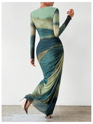 Image of Womens Long Sleeve Maxi Dress Mesh Bodycon Spring Fall Formal Wedding Guest | Tie Dye Ruched Night Out Cocktail Party Long Dresses