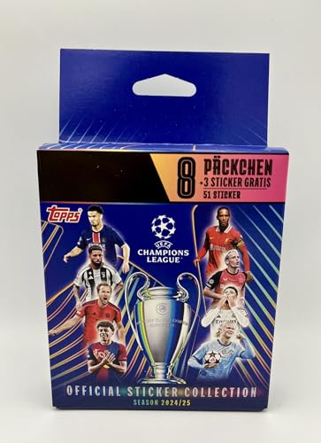 Eco Pack da 8 bustine + 3 Bonus Sticker per la collezione di figurine Topps Champions League 2024/25. Ogni bustina contiene 6 adesivi.