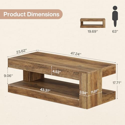 Image of Tribesigns Coffee Table for Living Room, 47.24 Inch Farmhouse 2-Tier Accent Center Tea Cocktail Table with Storage, Brown, Rectangle