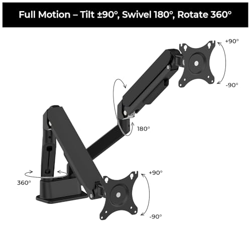 Image of Dual Monitor Arm + Laptop Tray| Gas Spring Mount for 13-32 Inch Screens| Full Motion Adjustable Stand| 1 Year Warranty| VESA 75x75 /100x100 Compatible| Clamp & Grommet Base| Supports Monitor & Laptop