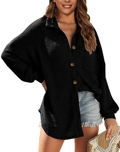 Image of DARKRANI Women's Waffle Knit Top 2023 Oversized Long Sleeve Button Up Pockets Loose Fit Tunic Blouse Button Down Shirts for Women Black,M