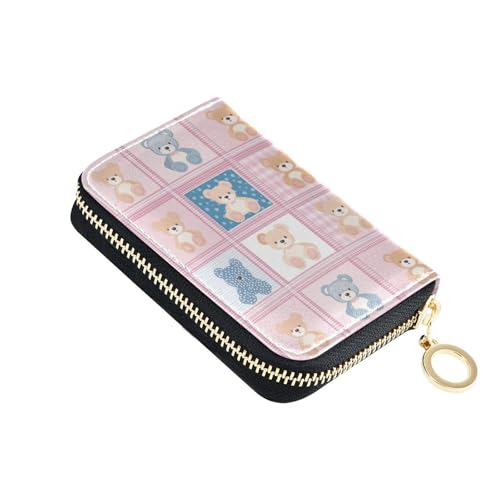 Cute Bear Women’s Zippered Card Case Palm-Sized PU Leather Wallet with RFID Protection Full Zip Design Holds Cards Coins & Cash for Everyday or Travel Use
