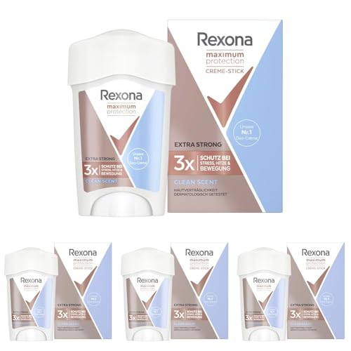 Rexona Maximum Protection Deo Creme Clean Scent Anti Transpirant mit 3x Schutz bei Stress, Hitze & Bewegung 96H extremer Schutz 45 ml (Packung mit 4)