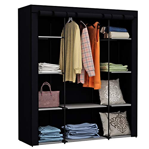 Homebi Clothes Closet Portable Wardrobe Durable Clothes Storage Organizer Non-Woven Fabric Cloth Storage Shelf with Hanging Rod and 10 Shelves for Extra Storage, 59.05