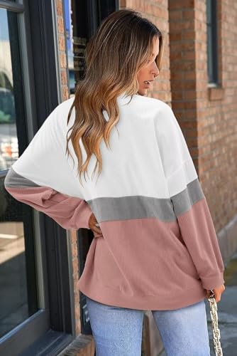 KISSMODA Womens Casual Long Sleeve Sweatshirts Color Block/Solid Tops Corduroy Crewneck Tunic Pullover with Pockets