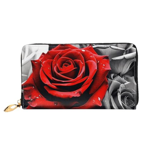 Black White And Red Roses Women Wallets Leather Zip Around Clutch Purses Waterproof Credit Card Holder With Phone Holder Ladies Travel Coin Purse