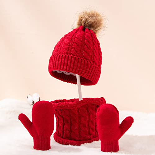 Winter Womens Hat Scarf Glove Set Knit Fleece Lined Neck Warmer Mittens for Boys Girls Soft Chunky Pompom3