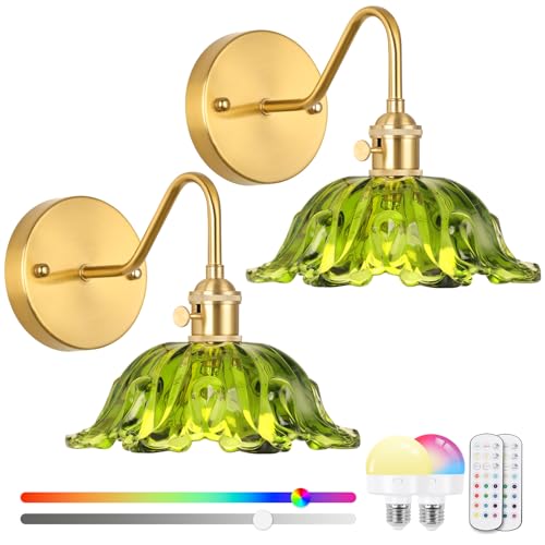 Image of Battery Operated Sconces Set of 2, Vintage Wall Light with Remote, Rechargeable Wall Sconces RGB, No Socket Required Brass Green Glass Lampshade Fixtures, Wall Sconce for Bedroom, Aisle etc