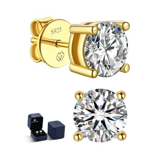 MomentWish 14K Gold Plated Stud Earrings, Birthday Gifts for Women, 1-2 Carat Moissanite Earrings, Lab Created Diamond Earring, Yellow/Rose Gold Plated 925 Sterling Silver Earring Jewelry Wo