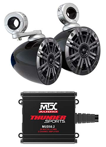 (1) Pair Kicker 45KM44 4" 150W Weatherproof Speakers Bundle with (1) Pair Kicker KMMTES Marine Wakeboard Tower Enclosures Speakers and (1) MTX MUD50.2 100 Watt Compatible with Polaris (3 Items)