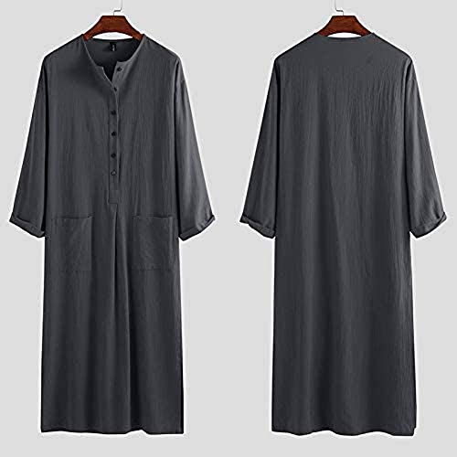 Mlpeerw Muslim Dresses For Men Cotton Linen Long Sleeve Striped Henleys Shirt Kaftan Thobe Robe Gown Muslim Clothing thumb #3