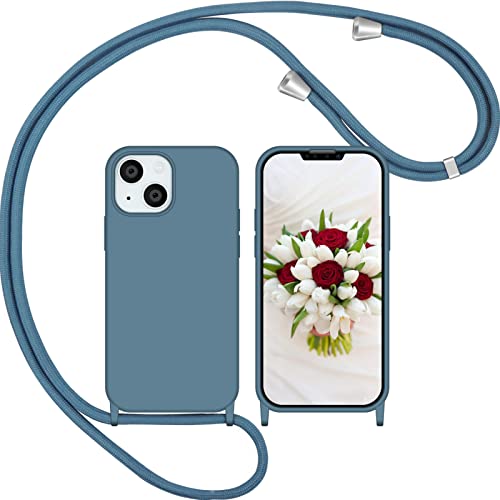 Nupcknn Funda Silicona con Cuerda para iPhone 13 Mini, Carcasa Suave Silicona Case con Correa Colgante Ajustable Collar Correa de Cuello Cadena Cordón 1.5M(Azul ladrillo, 5.4") Cover