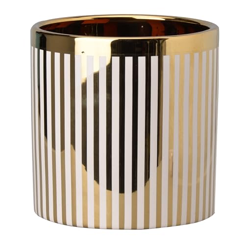 212 Main Ceramic Cylindrical Planter with Strips Pattern White & Gold