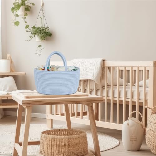 Image of XUANGUO Cotton Rope Baby Diaper Caddy Organizer Basket Sky Blue | Nursery Storage Bin, Portable Baby Tote Bag for Changing Table or Car, Baby Shower Gifts Bag, Newborn Essentials, Registry