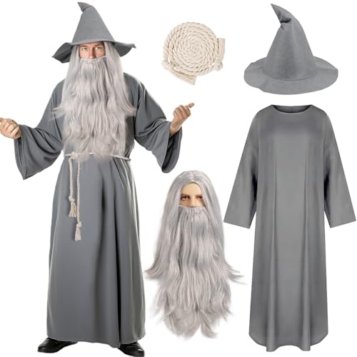 MOVINPE Gray Wizard Costume Set for Adults, 5-Piece Sorcerer Outfit with Felt Wizard Hat, Robe, Long Gray Wig, Beard & Waist Rope – Medieval Fantasy Cosplay for Halloween, Parties & Themed Events