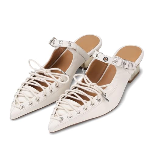 Agodor Lace-Up Slingback Pumps Pointed Toe Strappy Chunky Block Heel Mules Comfortable Punk Goth Shoes with Adjustable Buckle