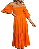 R.Vivimos Women's Summer Cotton Lantern Sleeves Ruffled Off Shoulder A-Line Midi Dresses (XL, Orange)