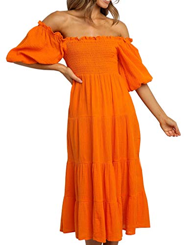 Image of R.Vivimos Women's Summer Cotton Lantern Sleeves Ruffled Off Shoulder A-Line Midi Dresses