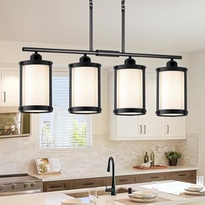 Osimir 4-Light Kitchen Island Lighting, Black Linear Dining Room Light Fixtures with Frosted Glass and Chain, Modern Farmhouse Chandelier Pendant Light for Kitchen Island Dining Room, OS-3014-4ISBKW