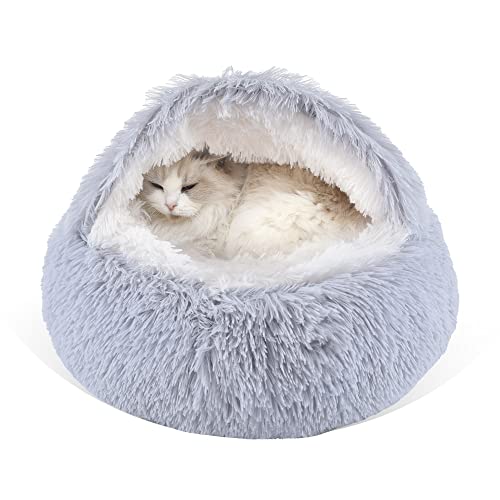 Gavenia-Cat-Bed-Round-Fluffy-Hooded-Cat-Bed-Cave-with-Non-collapsed-Plush-CoverCat-Bed-Donut-for-Indoor-CatsCalming-Dog-BedsCatAnti-SlipWaterproof-BottomWashable-Bed20inchGrey