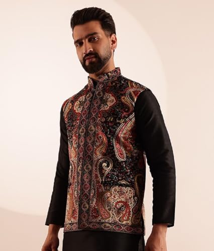 Image of SOJANYA (Since 1958 Men's Velvet Nehru Jacket With Paisley Print