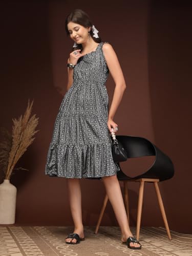 Image of Daevish New Rayon Floral Printed Flared Midi Dress for Women | Women Calf Length Dress