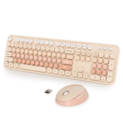 Image of Fogruaden Retro Typewriter Keyboard and Mouse Wireless, 2.4GHz Office Full-Sized Colorful Computer Keyboard with Number Pad and Cute Mouse for Windows PC Desktops Laptop