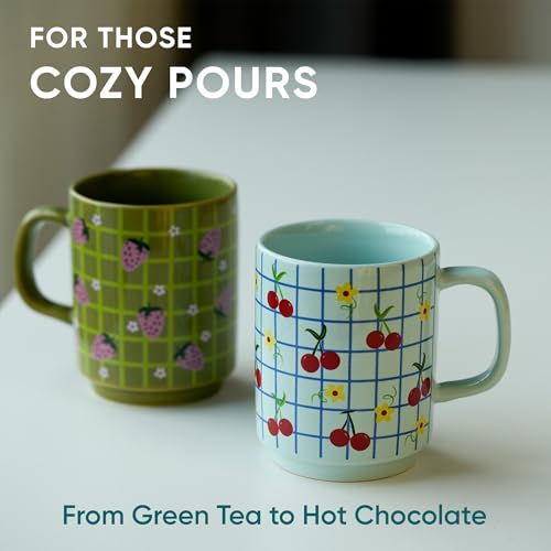 Image of Shay Ceramic Mug, 2 Pc, Strawberry & Cherry, 300ml | Glossy Finish | Ceramic Coffee Cup | Porcelain | Microwave Safe (Rise Mug - 2Pc - Strawberry & Cherry)