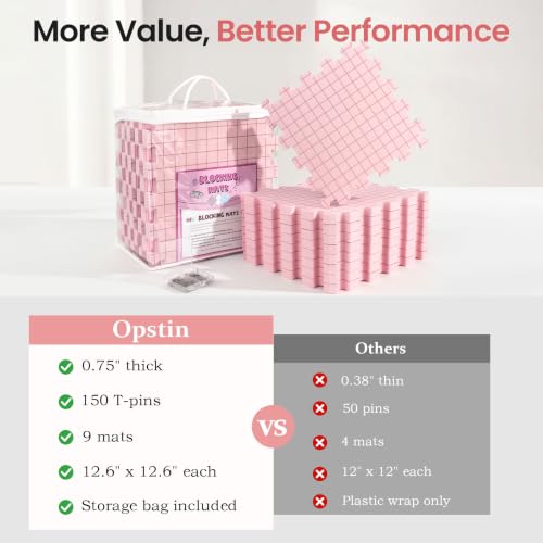 Image of Blocking Mats for Knitting - Opstin Extra Thick Blocking Boards for Crochet Projects with Gridlines - 150 T-Pins and Storage Bag Included for Knitting Supplies - Standard Mat Set - Pack of 9