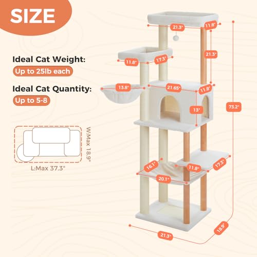 Image of 73 inch Tall Cat Tree for Large Cats, Wooden Cat Tower with Fully Sisal Covered Scratching Posts and Solid Wood Posts, Modern Cat Furniture with 2 Spacious Perch and Cozy Condo Beige