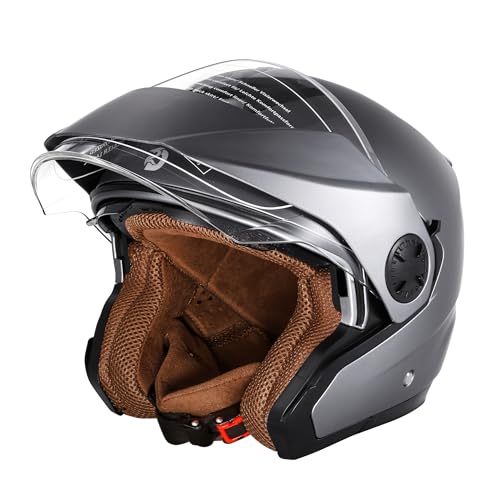 Motorradhelm mit Doppelvisier by BSWAY - Hochwertiger Jethelm Roller Helm Halbschalenhelm für Stadt & Tour, ECE 22.06 Zertifiziert für Herren und Damen, Grau in Gr. XS-XXL (XXL)