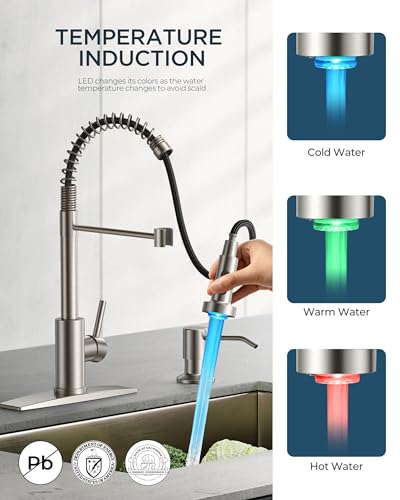 Image of FORIOUS LED Kitchen Faucet with Pull Down Sprayer, Brushed Nickel Modern Single Handle Stainless Steel Commercial Spring Sink Faucet with LED Light for Pot Filler, Farmhouse Camper Bar Laundry Room