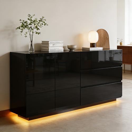 Aparador negro lacado 2 puertas 3 cajones con iluminación LED, mueble de almacenamiento cómodo moderno, aparador de cocina para sala de estar, cocina o entrada, diseño alto brillante, 160 × 35 × 76