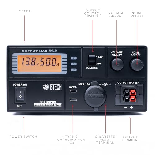 Image of BTECH RPS-50PRO 50A (50 Amp) Regulated Power Supply, AC-to-DC Bench Convertor, Adjustable 9-15V (Fixed 13.8V Option), Anderson Powerpole Connectors, Noise Offset, USB-C, and Cigarette Plug Outputs