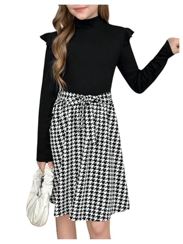 SweatyRocks Girl's Houndstooth Print Midi Dress Long Sleeve Ruffle Trim Belted Skater Dresses4
