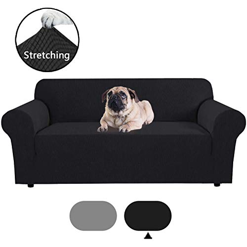 softan Sofa Überwürfe Jacquard Sofabezug Elastische Stretch Spandex Stoff Couchbezug Sofahusse Sofa Abdeckung Protector, Schwarz, 3-sitzer (180-230cm)